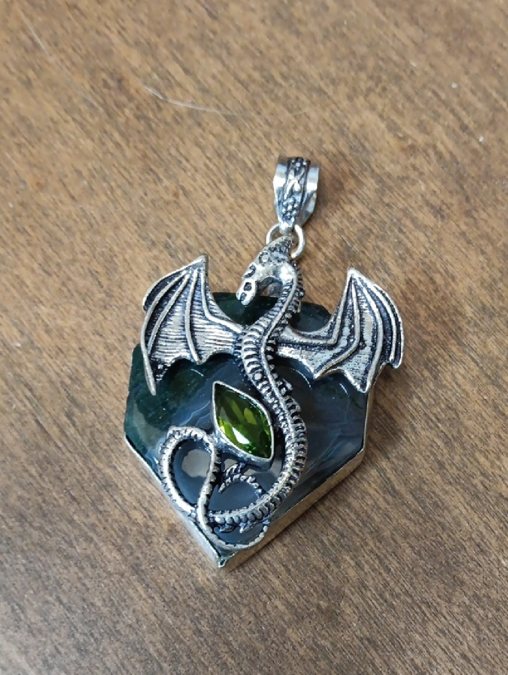 Dragon Pendant Necklace with Green Stone